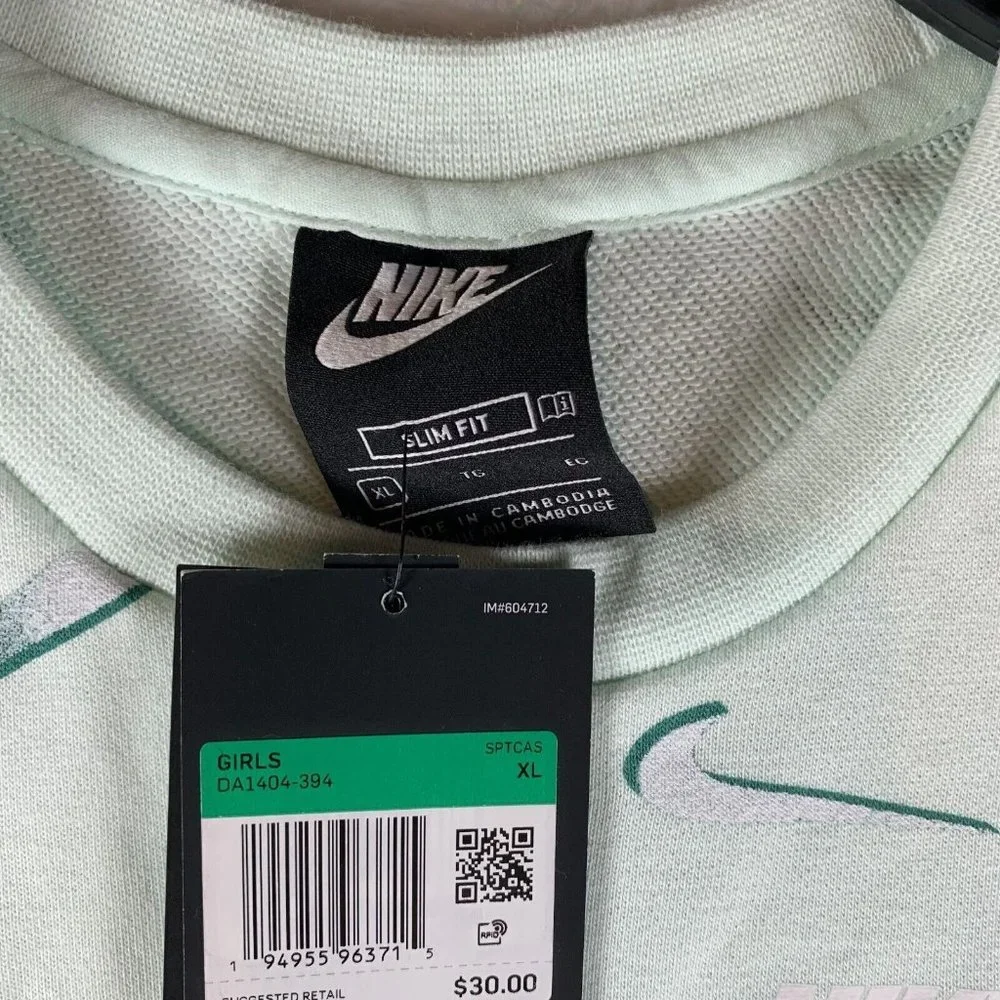 Nike Tank Top Girls XL Green Terry Printed Cotton Slim Fit‎ Round Pullover 6912